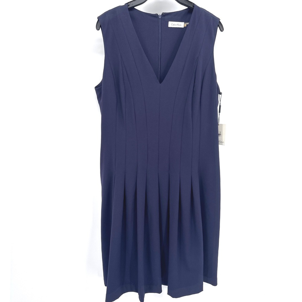 Calvin Klein Women Dress 14 Dark Blue Pleated Sleeveless Fit n Flare NWT $134